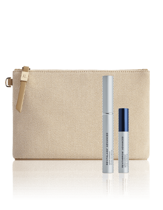 RevitaLash Effortless Beauty Collection — lash conditioner, brow conditioner mini, and canvas travel bag